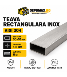 Teava rectangulara inox AISI 304, 50 x 10 x 1.5 mm, 6 metri